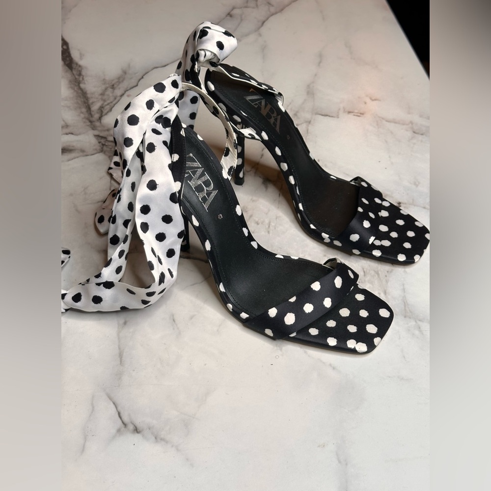 Zara Polka Dot High Heel Ankle Wrap Sandals, Size 11 - Picture 3 of 12